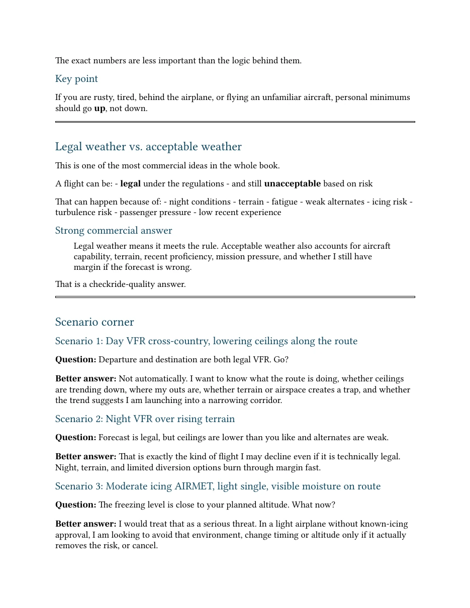 Complete source page 31 with legal versus acceptable weather and three scenarios; a text transcript of all sample pages follows.