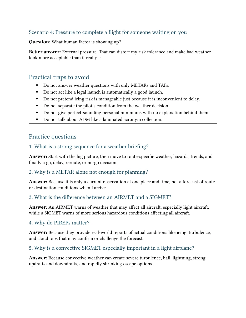 Complete Commercial manuscript source page 32, with weather and external-pressure practice questions and answers.