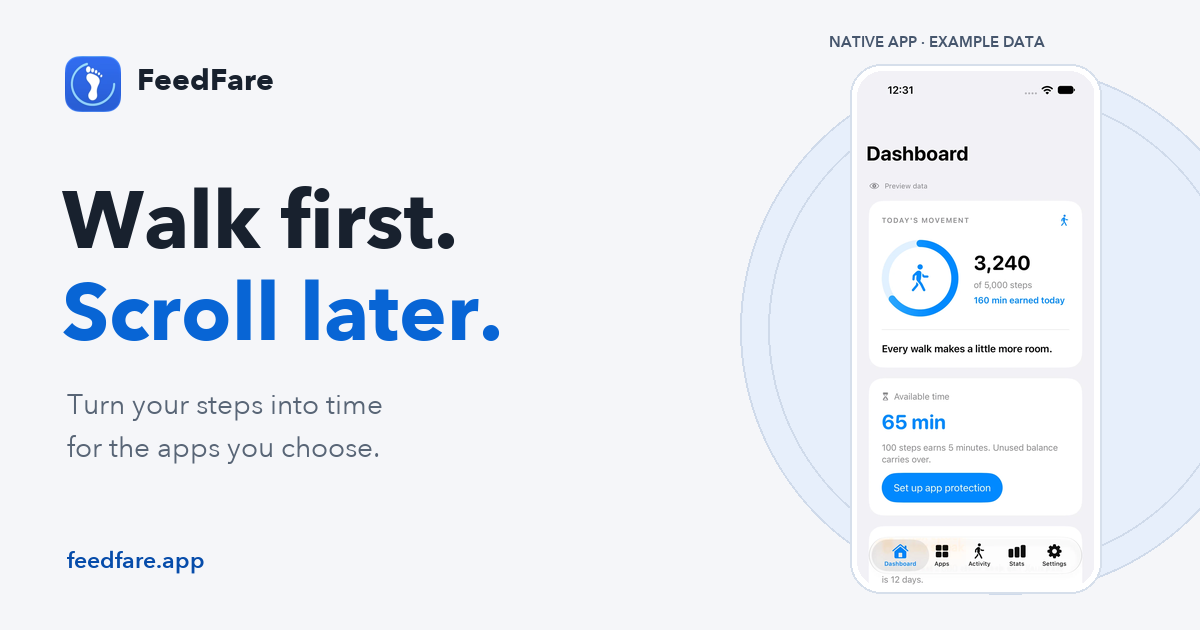 FeedFare's blue footprint icon beside its native dashboard showing example steps and earned minutes.